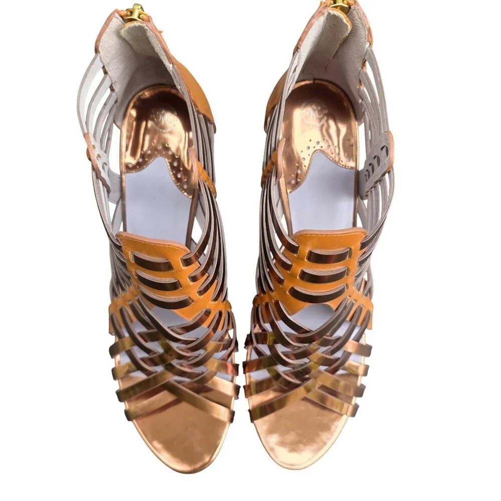 Johnston & Murphy Leather Evie Natural Gold Zip Bootie Leather Heels - Picture 4 of 11